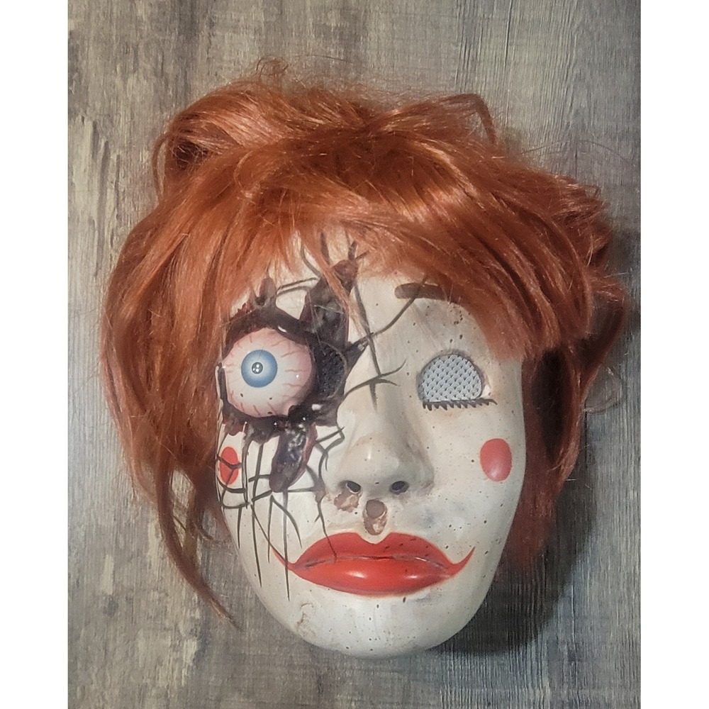 Spirit Halloween Creepy Cracked Doll Mask Red Hair 3D Eyeball Horror Costume